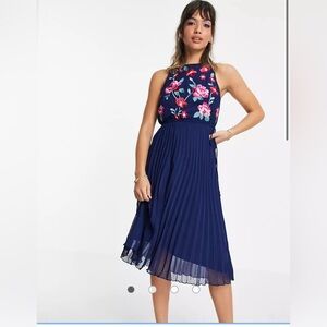 ASOS DESIGN pleated midi dress with embroidery in navy